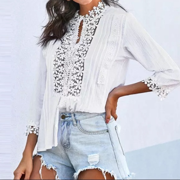 Tops - SOLD OUT White Bohemian Lace Crochet Button Front Blouse
